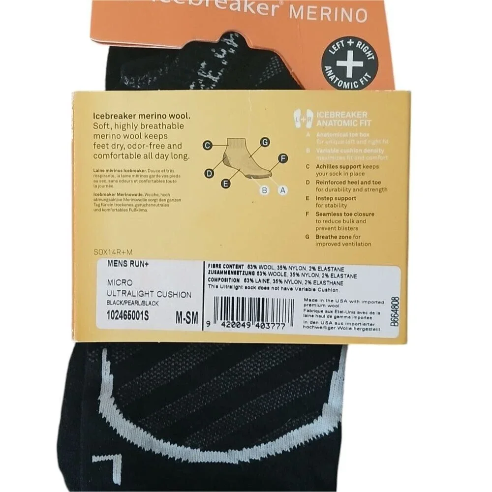Icebreaker Men's Merino Micro Black Running Socks Left + Right Anatomic Fit